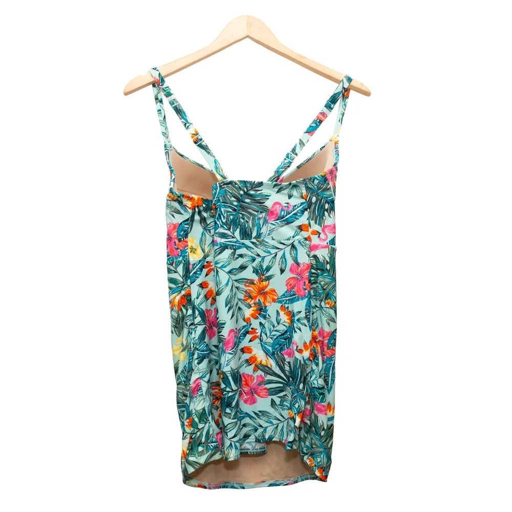 Swim by Cacique Tankini Women 40DDD Mint Tropical Flamingo NEW Underwire Ruched